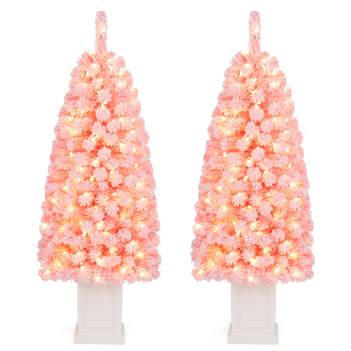 Set of 2 Pre-lit Potted Artificial Christmas Tree with Warm White LED Lights-4FT