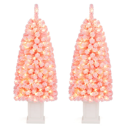 Set of 2 Pre-lit Potted Artificial Christmas Tree with Warm White LED Lights-4FT