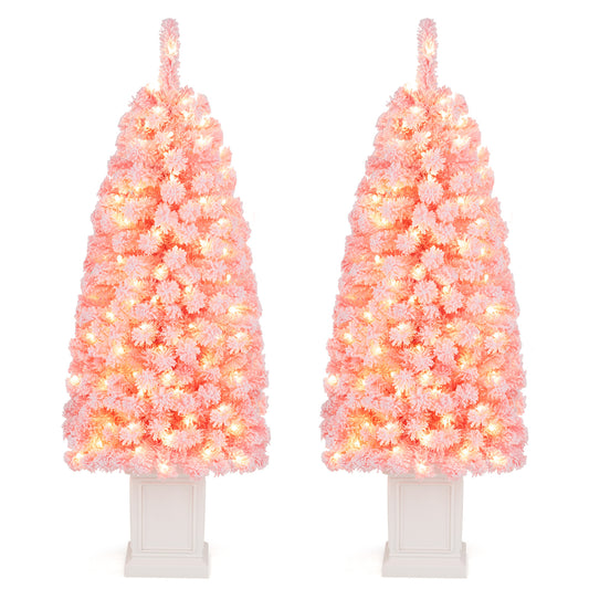 Set of 2 Pre-lit Potted Artificial Christmas Tree with Warm White LED Lights-4FT
