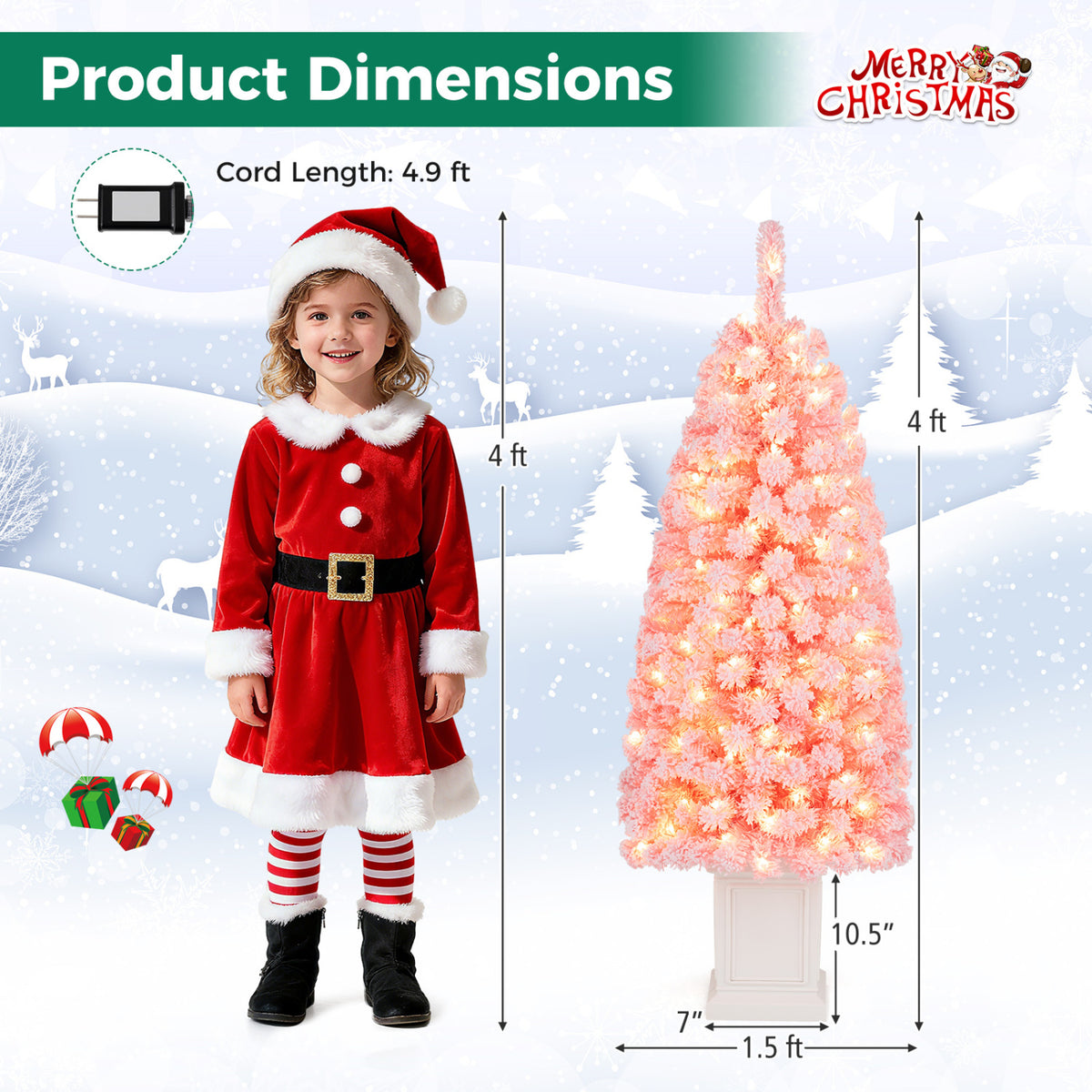 Set of 2 Pre-lit Potted Artificial Christmas Tree with Warm White LED Lights-4FT