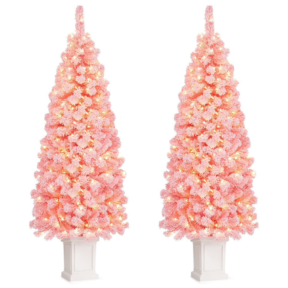 Set of 2 Pre-lit Potted Artificial Christmas Tree with Warm White LED Lights-5FT