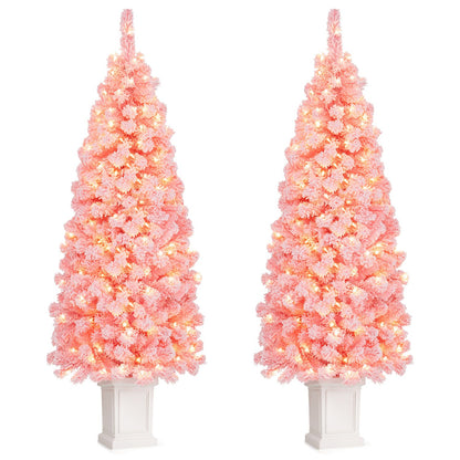Set of 2 Pre-lit Potted Artificial Christmas Tree with Warm White LED Lights-5FT