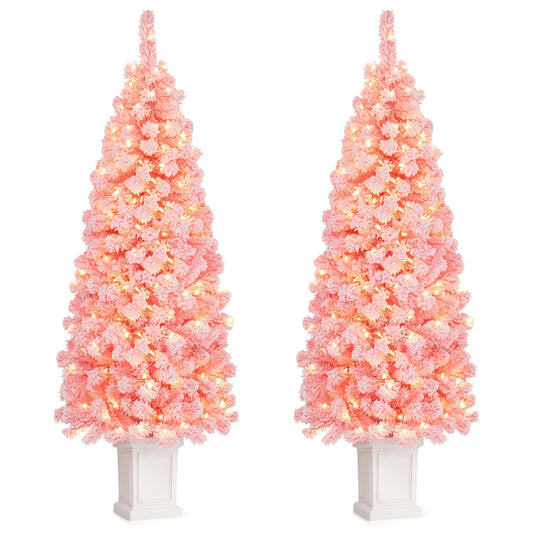 Set of 2 Pre-lit Potted Artificial Christmas Tree with Warm White LED Lights-5FT