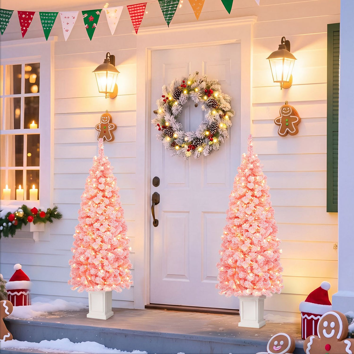 Set of 2 Pre-lit Potted Artificial Christmas Tree with Warm White LED Lights-5FT