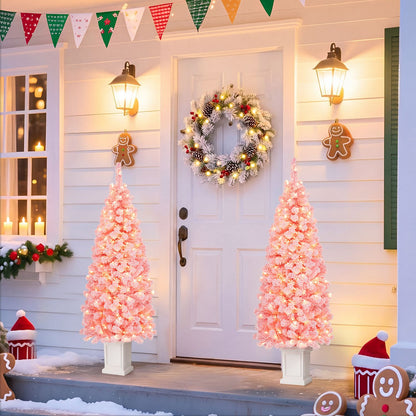 Set of 2 Pre-lit Potted Artificial Christmas Tree with Warm White LED Lights-5FT
