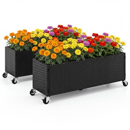 Set of 2 Raised Garden Bed PE Rattan Wicker Patio Planter Box with Liner and Wheels
