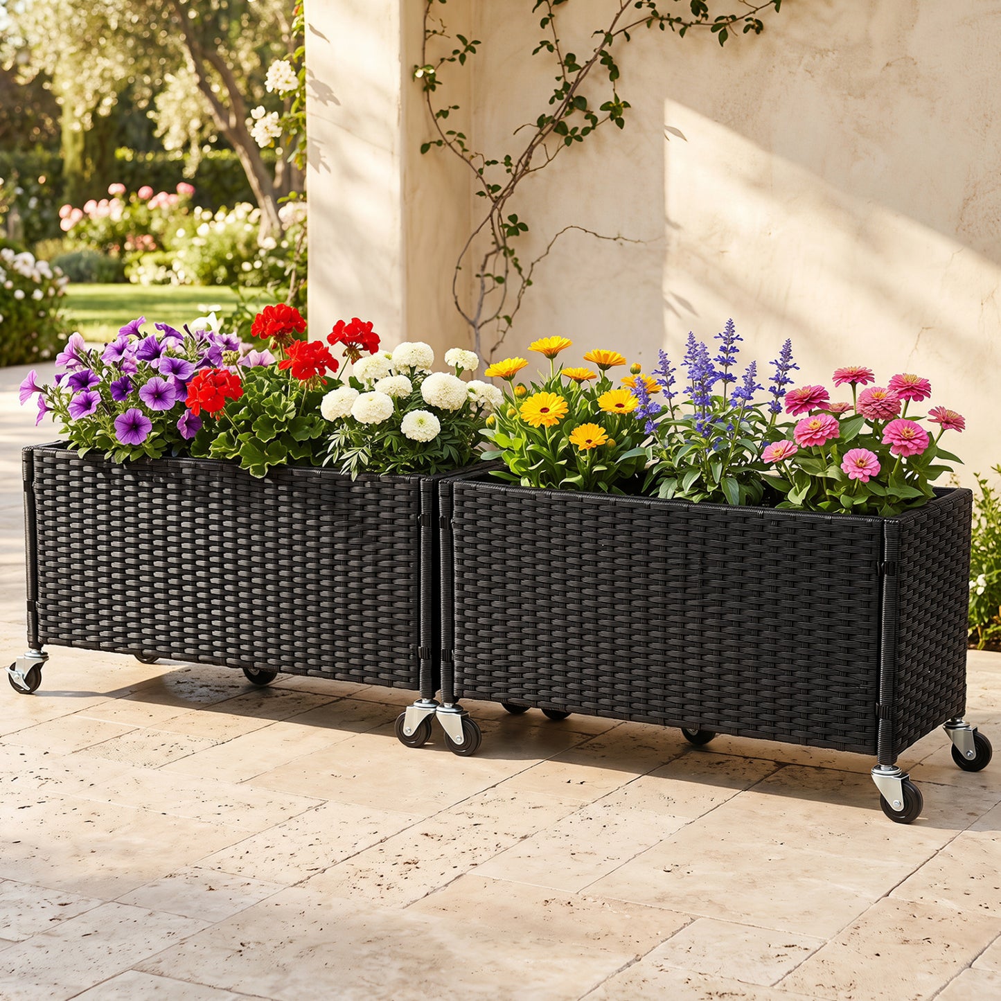 Set of 2 Raised Garden Bed PE Rattan Wicker Patio Planter Box with Liner and Wheels