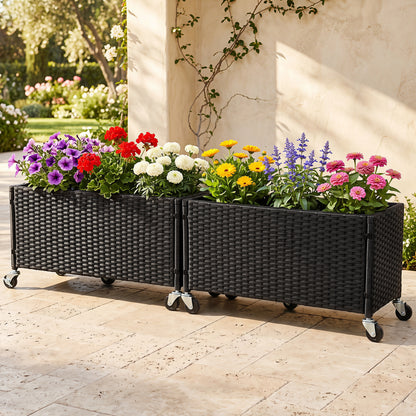 Set of 2 Raised Garden Bed PE Rattan Wicker Patio Planter Box with Liner and Wheels