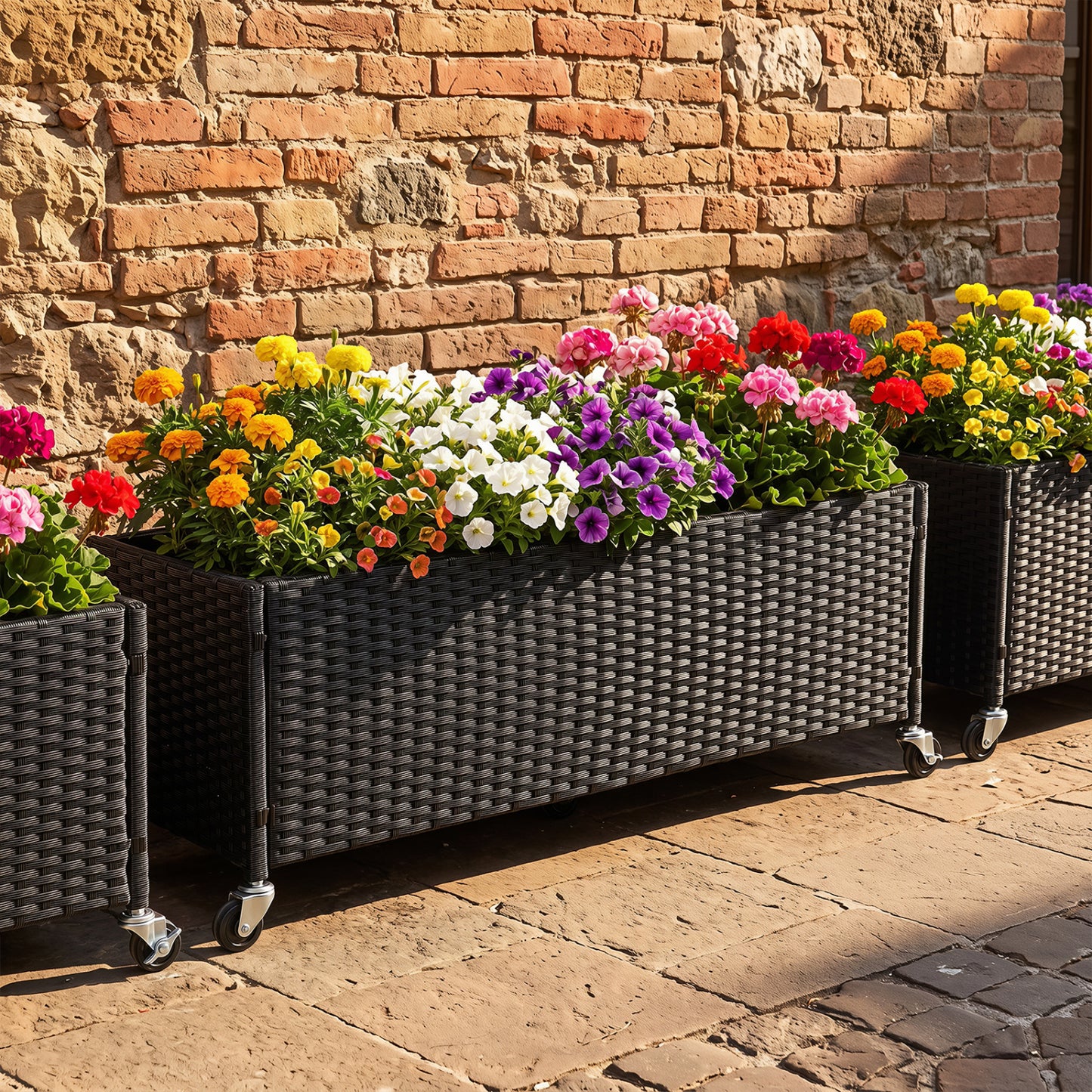 Set of 2 Raised Garden Bed PE Rattan Wicker Patio Planter Box with Liner and Wheels