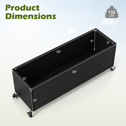 Set of 2 Raised Garden Bed PE Rattan Wicker Patio Planter Box with Liner and Wheels