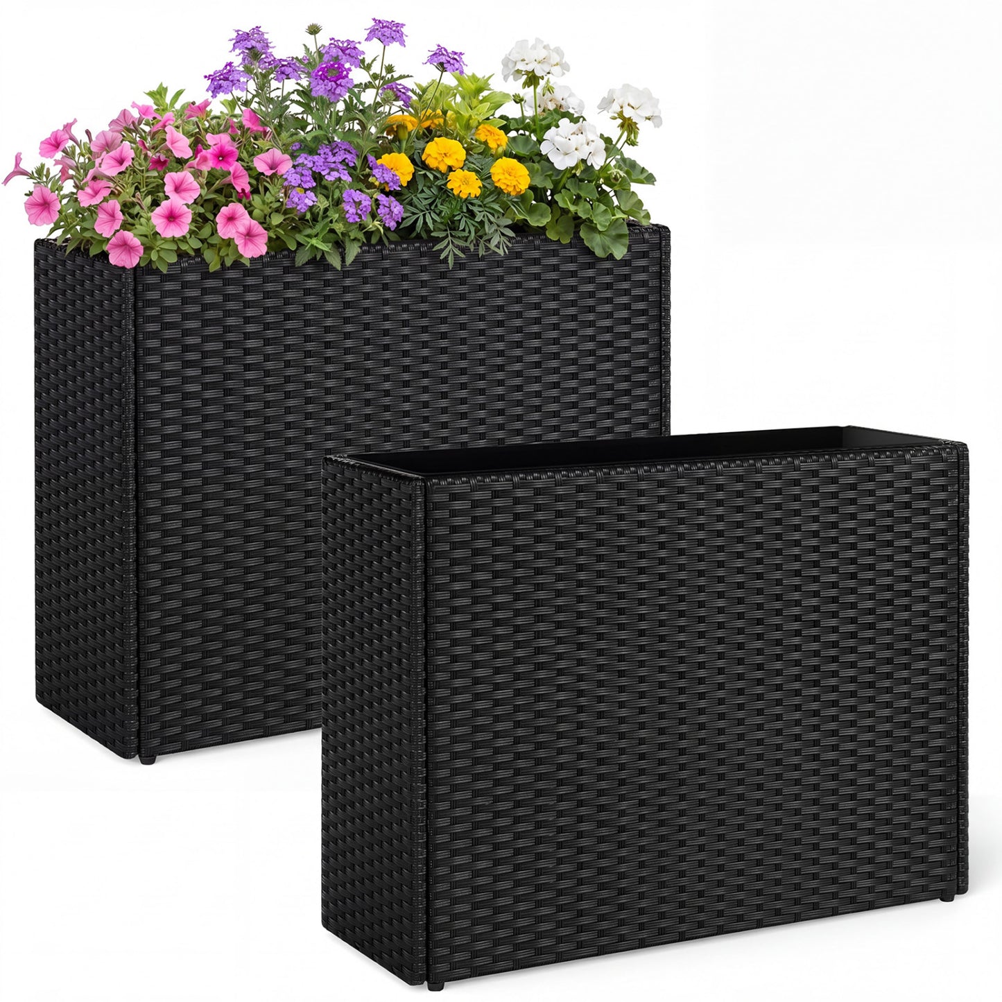 Set of 2 Raised Garden Bed All-Weather PE Rattan Wicker Flowerpot with Liner