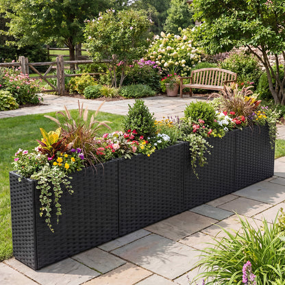 Set of 2 Raised Garden Bed All-Weather PE Rattan Wicker Flowerpot with Liner