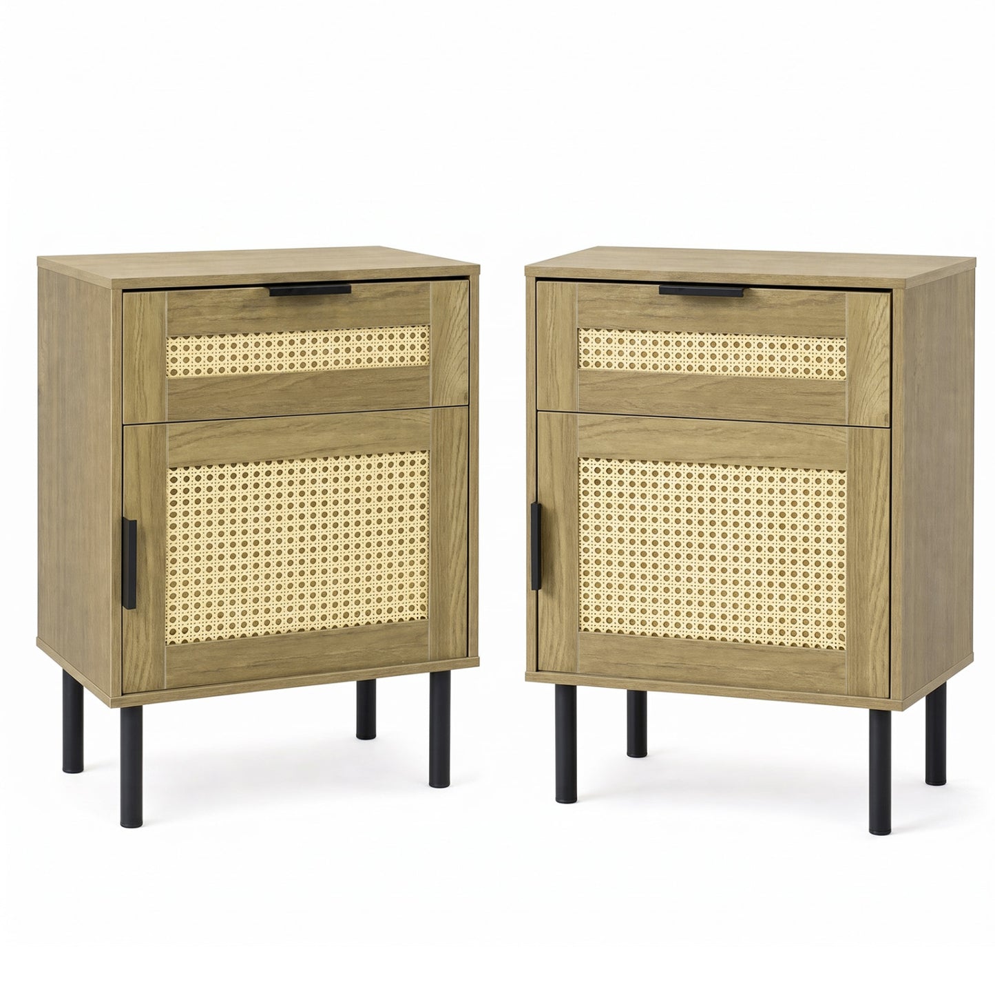 Set of 2 Rattan Nightstand with Drawer and Storage Cabinet for Bedroom Dorm-Natrual
