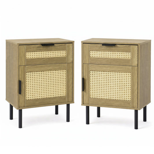 Set of 2 rattan nightstands with drawers and storage cabinets, natural finish, bedroom furniture by Wilsons Home Store.