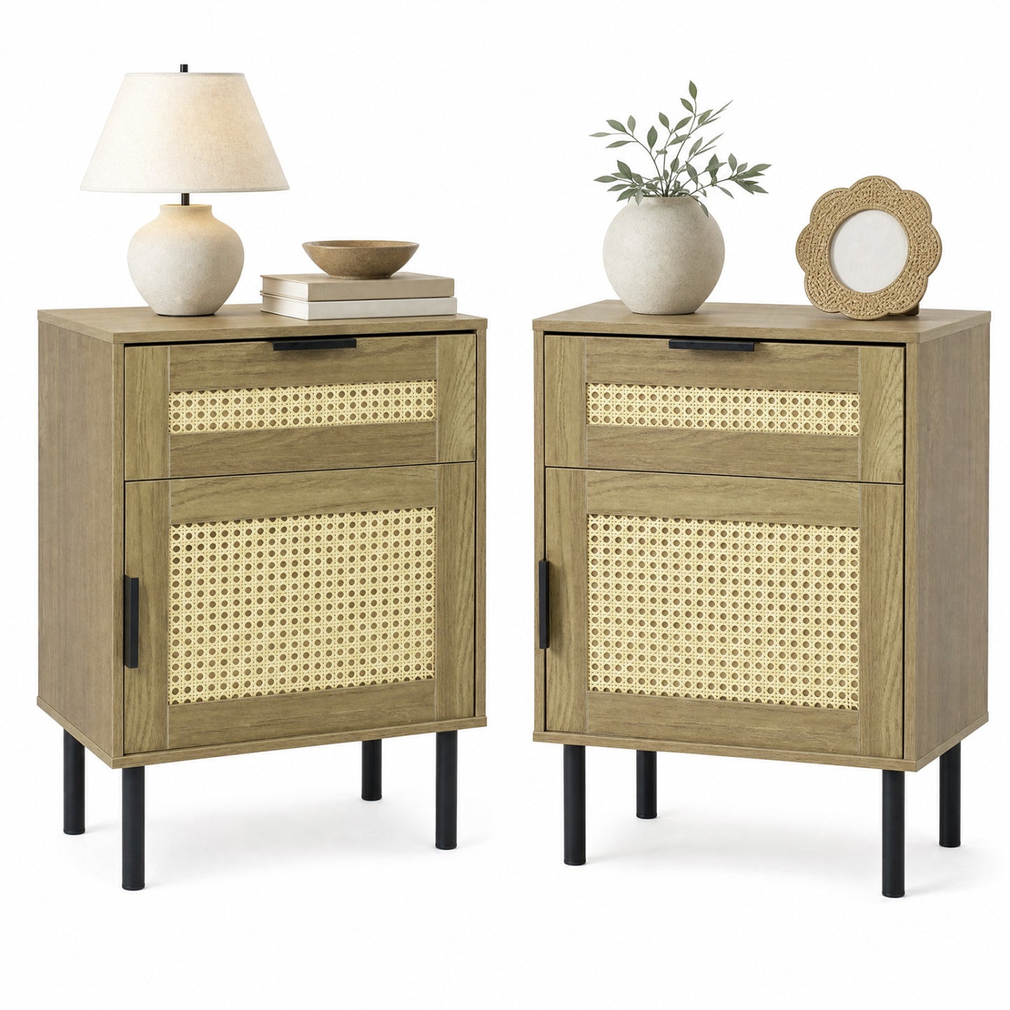 Set of 2 Rattan Nightstand with Drawer and Storage Cabinet for Bedroom Dorm-Natrual