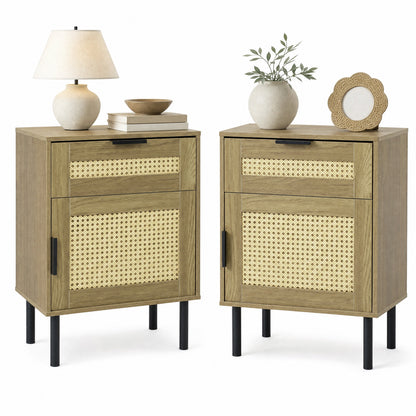 Set of 2 Rattan Nightstand with Drawer and Storage Cabinet for Bedroom Dorm-Natrual