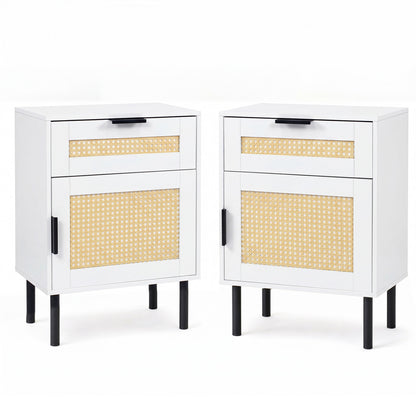 Set of 2 Rattan Nightstand with Drawer and Storage Cabinet for Bedroom Dorm-Natrual
