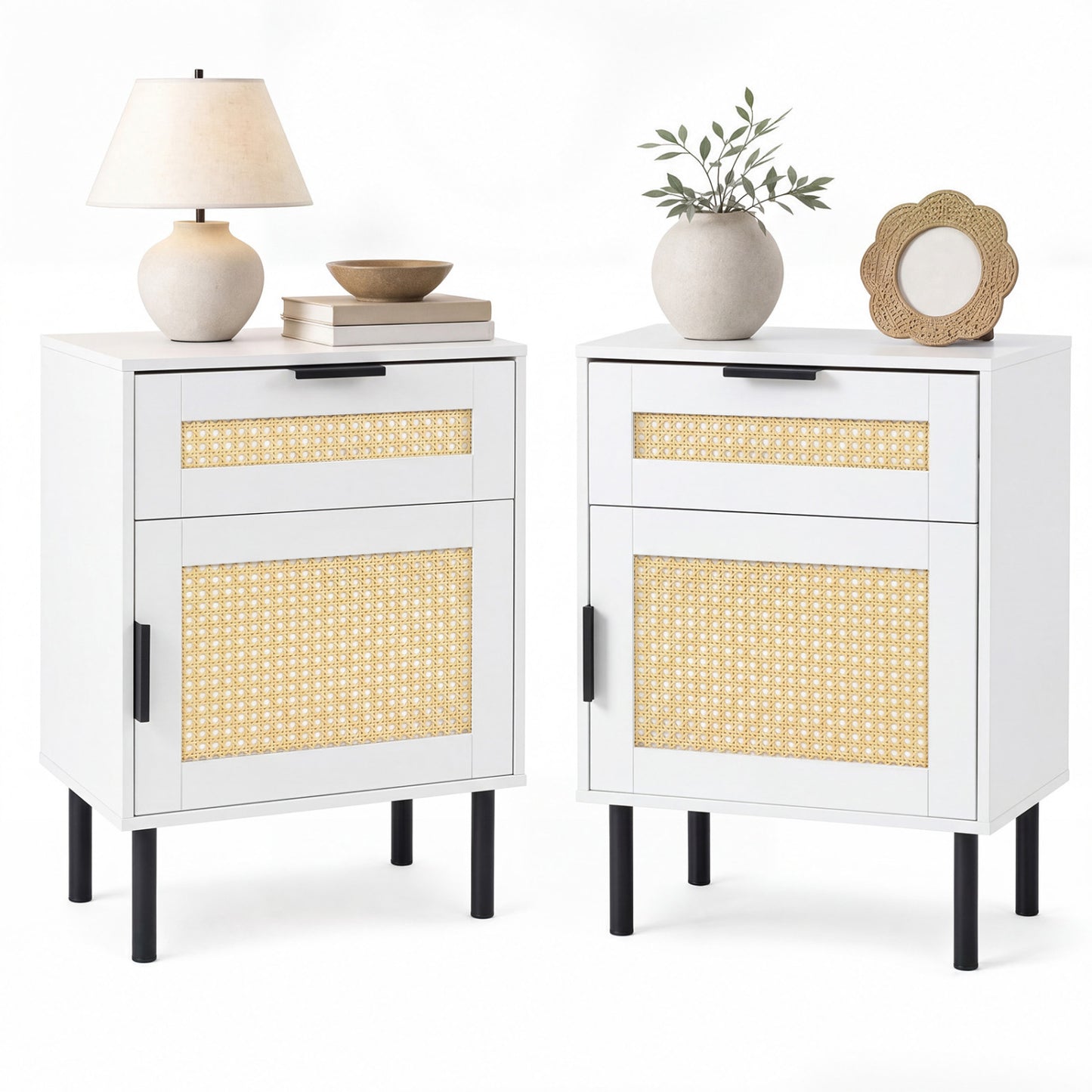 Set of 2 Rattan Nightstand with Drawer and Storage Cabinet for Bedroom Dorm-Natrual