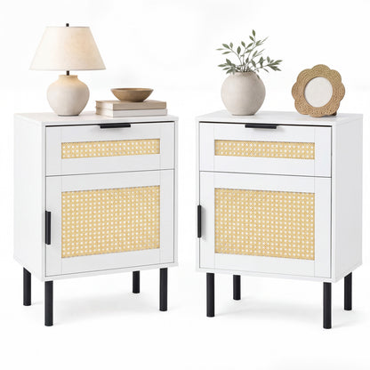 Set of 2 Rattan Nightstand with Drawer and Storage Cabinet for Bedroom Dorm-Natrual