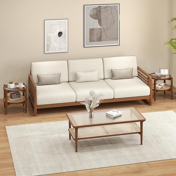 Set of 2 rattan round side end tables with tempered glass tabletops in walnut finish, suitable for living room decor.