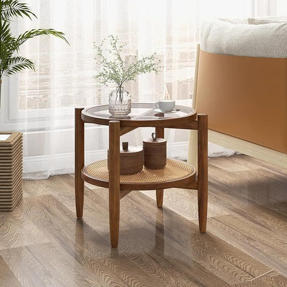 Set of 2 rattan round side end tables with tempered glass tabletops in walnut finish, ideal for living room decor.