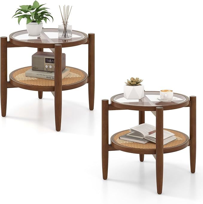 Set of 2 rattan round side end tables with tempered glass tabletops in walnut finish, ideal for living room decor.