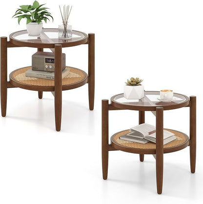 Set of 2 rattan round side end tables with tempered glass tabletops in walnut finish, ideal for living room decor.