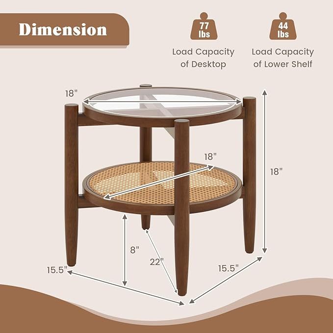 Set of 2 rattan round side end tables with tempered glass tabletops in walnut finish, perfect for living room decor.