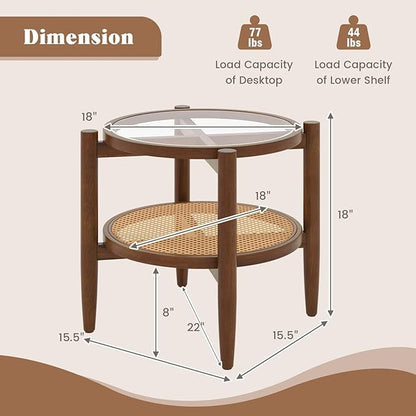 Set of 2 rattan round side end tables with tempered glass tabletops in walnut finish, perfect for living room decor.