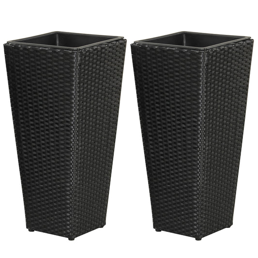 Set of 2 Rattan Tall Plant Pots with Detachable Plastic Liners-Black