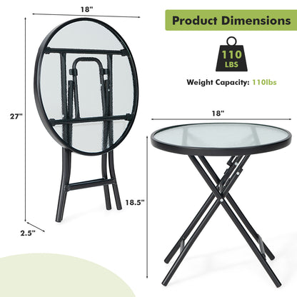 Set of 2 Round Patio Side Table with Tempered Glass Top-Black