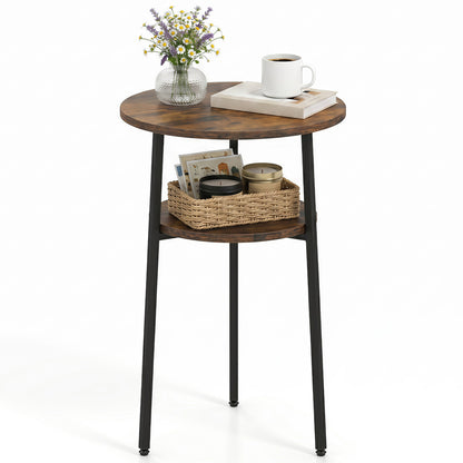Set of 2 Round Side Table with Storage Shelf & Metal Frame for Living Room-Black