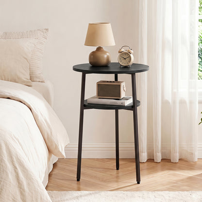 Set of 2 Round Side Table with Storage Shelf & Metal Frame for Living Room-Black