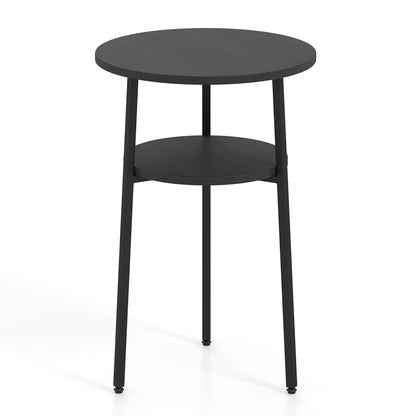 Set of 2 Round Side Table with Storage Shelf & Metal Frame for Living Room-Black
