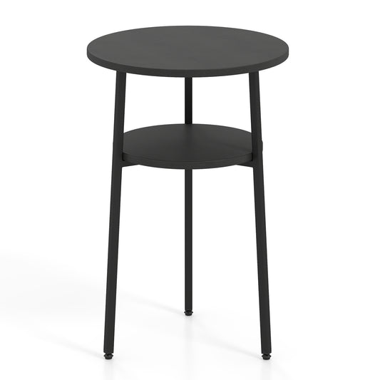 Set of 2 round black side tables with storage shelves and metal frames, ideal for living room use.