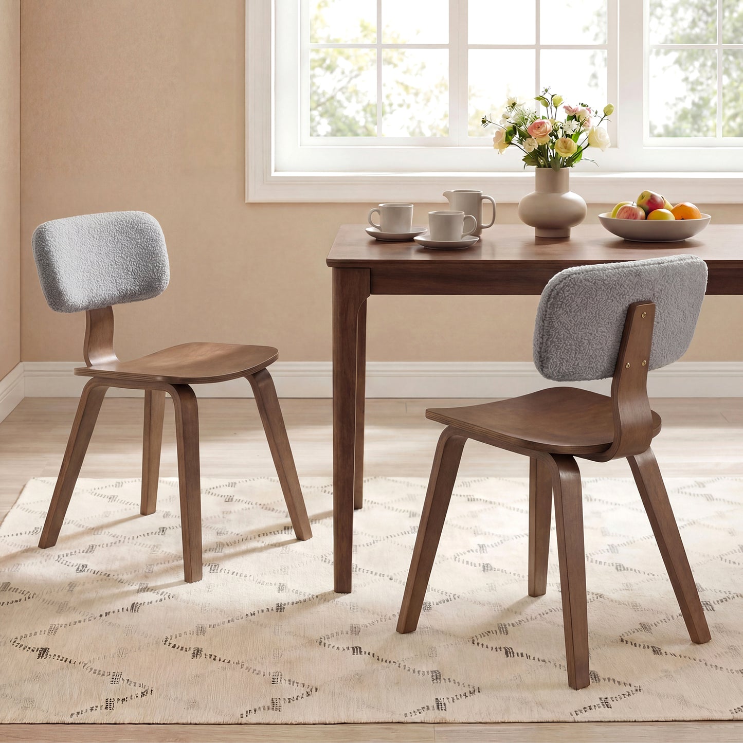 Set of 2 Rubber Wood Dining Room Chairs with Teddy Velvet Padded Backrest-Natural