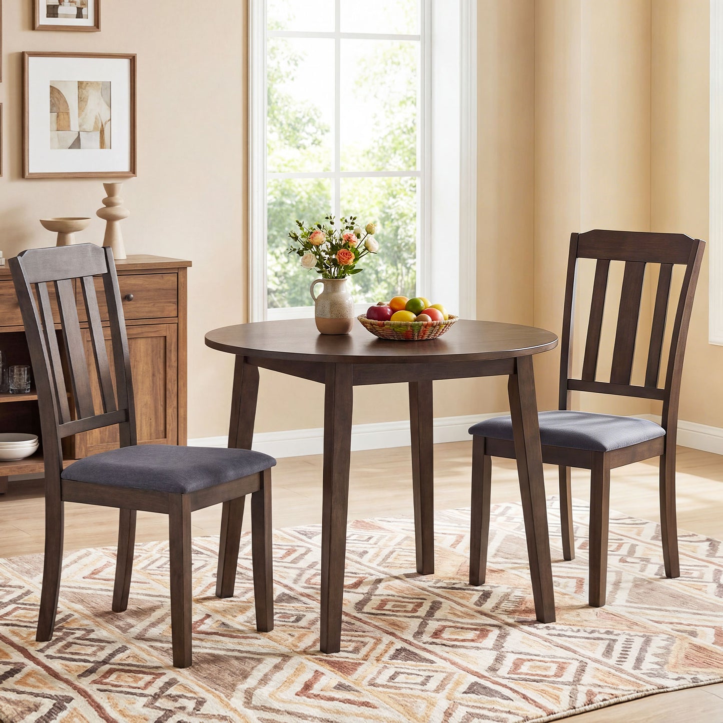 Set of 2 Rubber Wood Dining Room Chairs with Comfortable Backrest-Brown