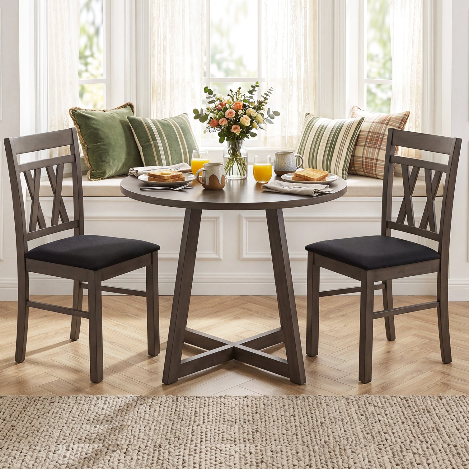 Set of 2 modern linen-style gray upholstered kitchen chairs with rubber wood legs, designed for dining and kitchen use.