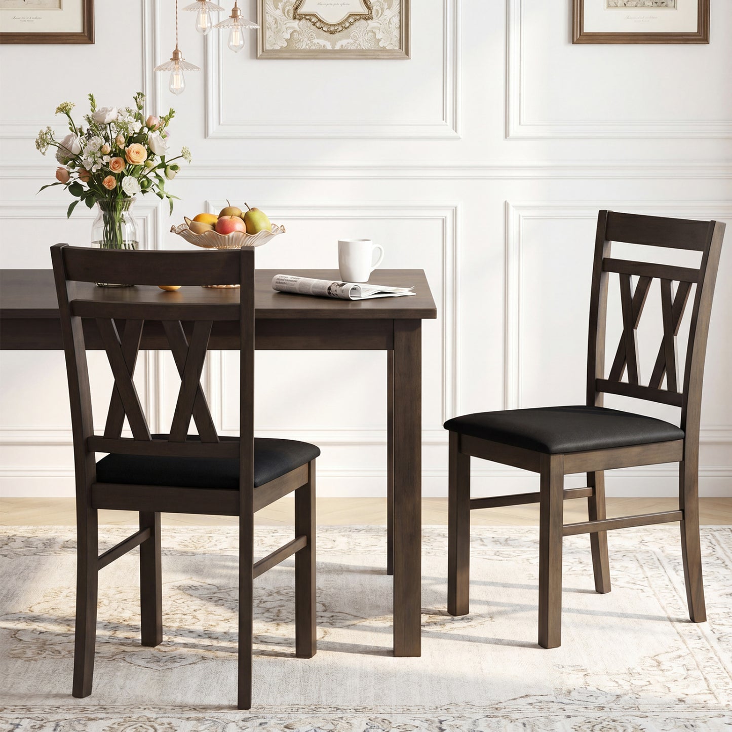 Set of 2 modern gray linen-style upholstered kitchen chairs with rubber wood legs, designed for dining rooms.