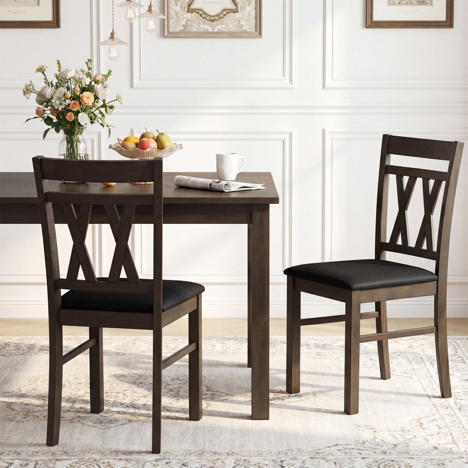 Set of 2 modern gray linen-style upholstered kitchen chairs with rubber wood legs, designed for dining rooms.