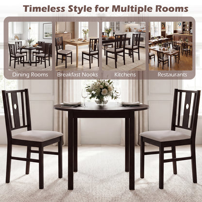Set of 2 rubber wood kitchen chairs with fabric padded seats in coffee color, designed for dining rooms.