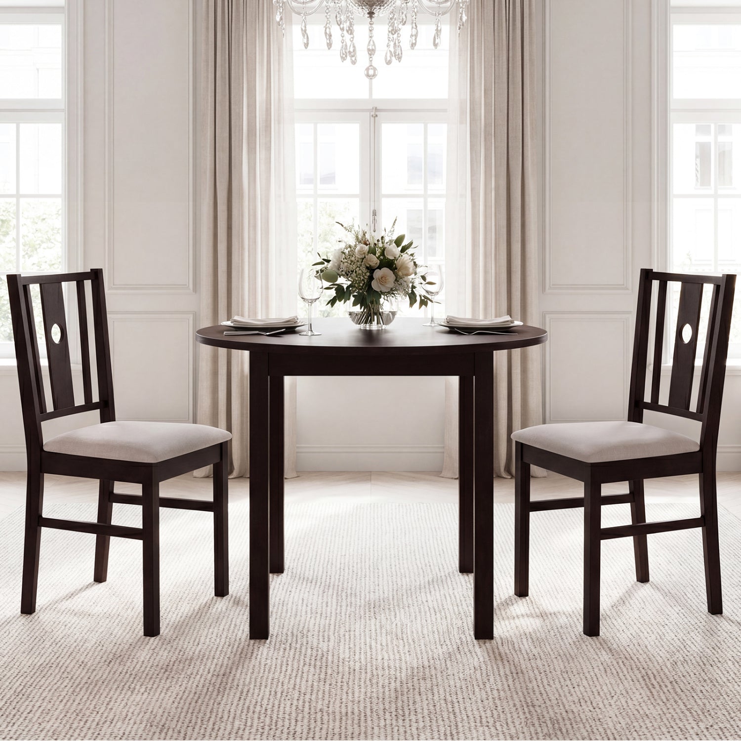Set of 2 rubber wood kitchen dining chairs with fabric padded seats in coffee color, designed for comfort and style.