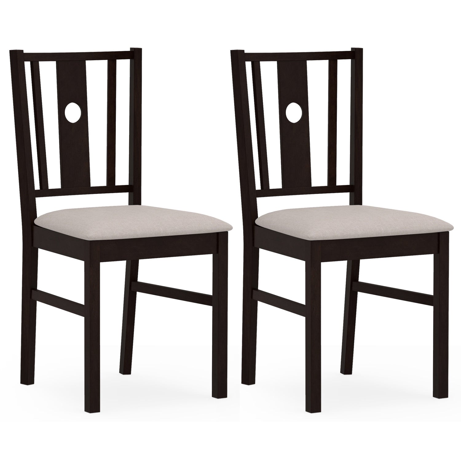 Set of 2 rubber wood kitchen dining chairs with fabric padded seats in a coffee finish, designed for comfortable seating.
