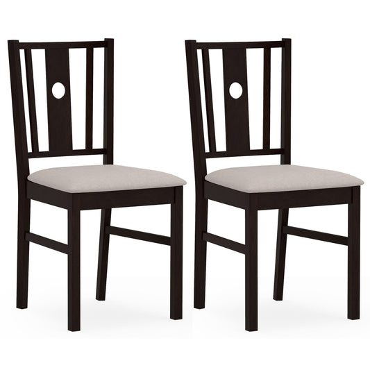 Set of 2 rubber wood kitchen dining chairs with fabric padded seats in a coffee finish, designed for comfortable seating.