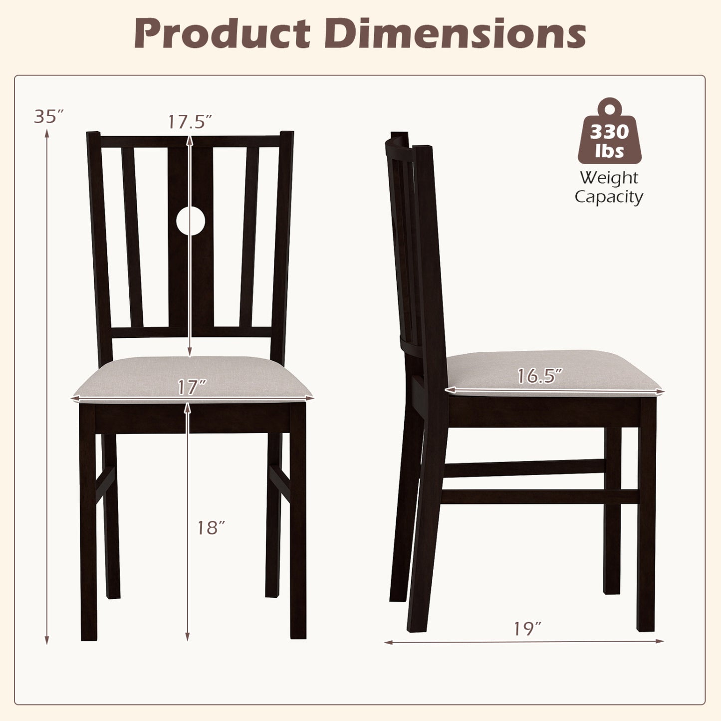 Set of 2 rubber wood kitchen chairs with fabric padded seats in coffee color, designed for dining room comfort and style