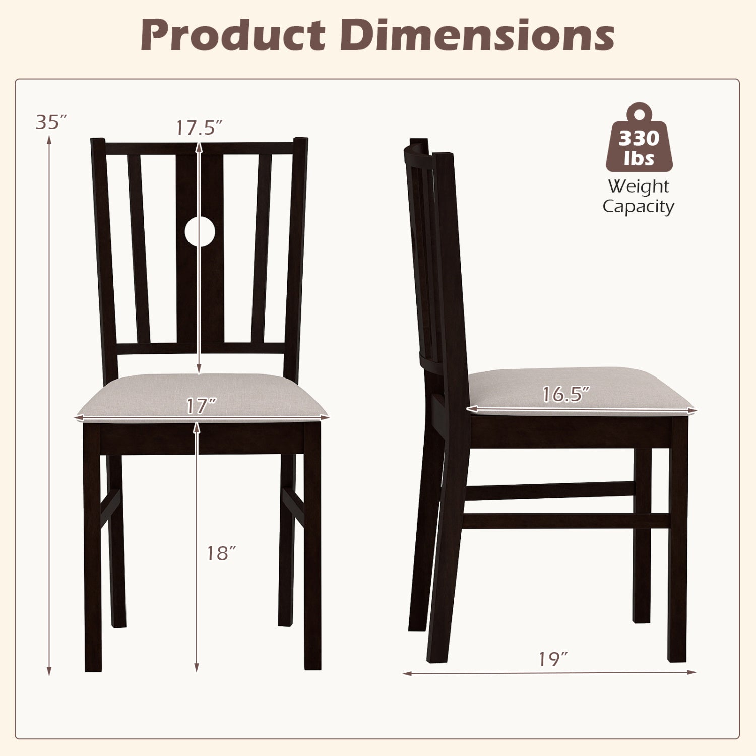 Set of 2 rubber wood kitchen chairs with fabric padded seats in coffee color, designed for dining room comfort and style