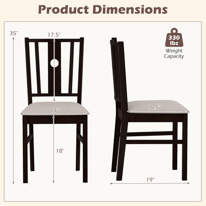 Set of 2 rubber wood kitchen chairs with fabric padded seats in coffee color, designed for dining room comfort and style