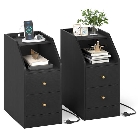 Set of 2 Side End Tables with Charging Station Sofa Couch Tables with Shelf Drawers-Black