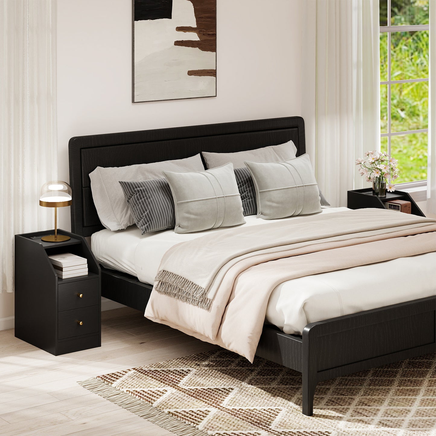 Set of 2 Side End Tables with Charging Station Sofa Couch Tables with Shelf Drawers-Black