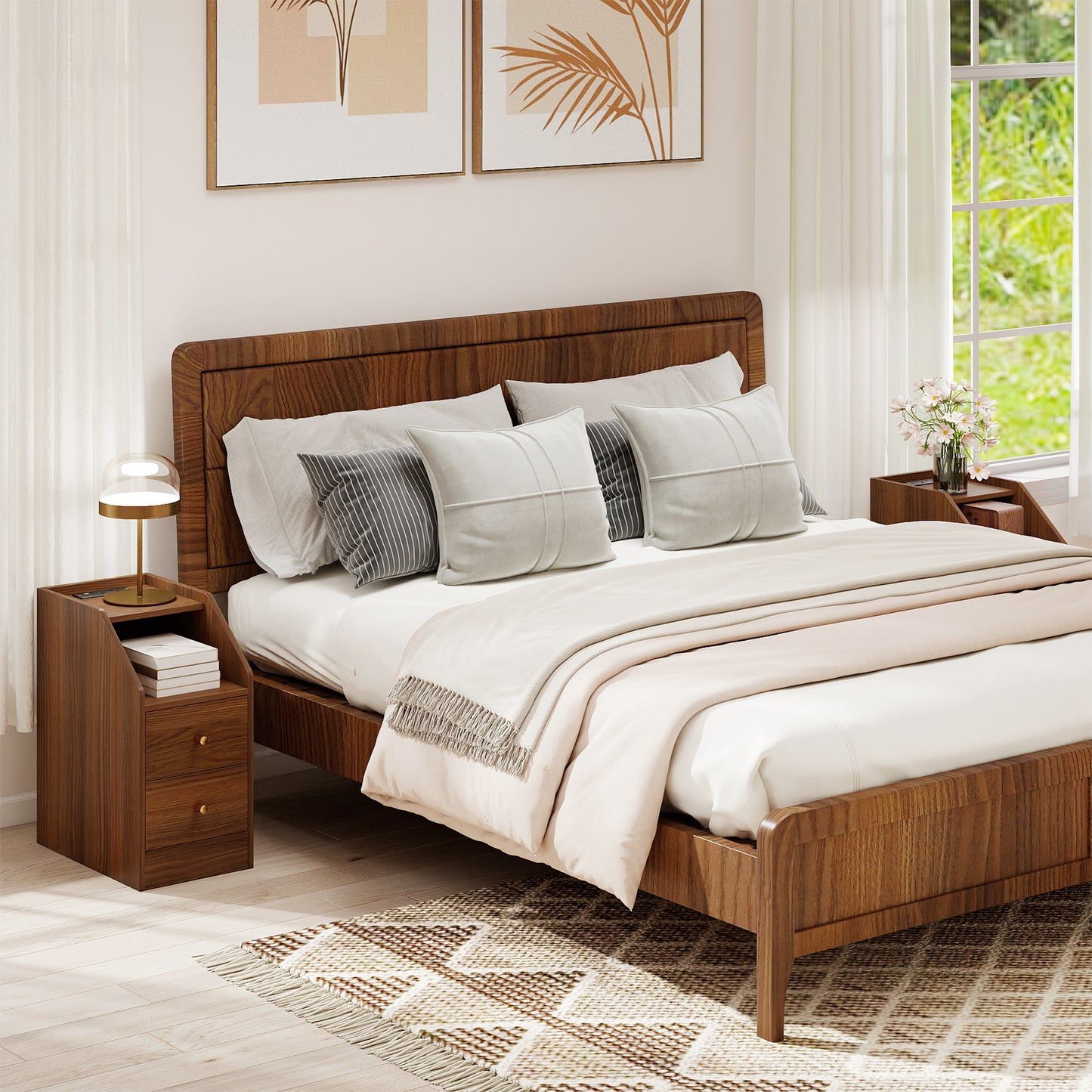 Set of 2 Side End Tables with Charging Station Sofa Couch Tables with Shelf Drawers-Black